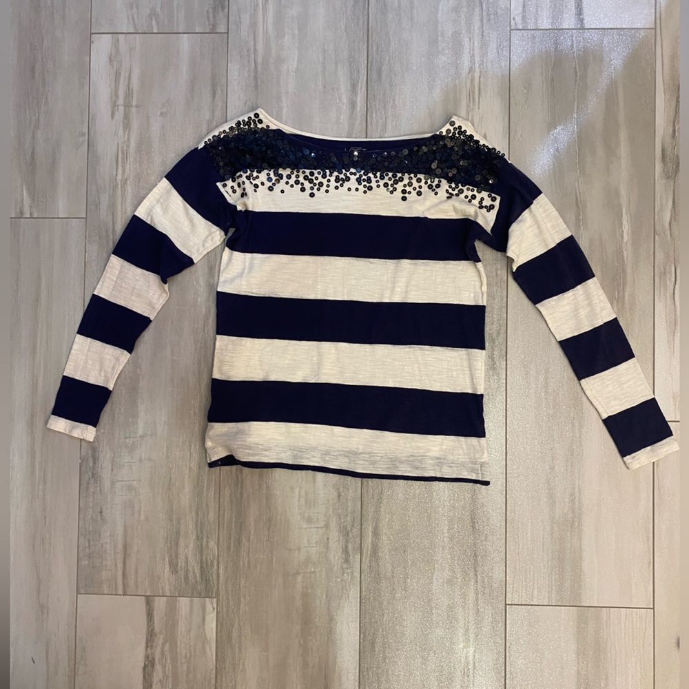 Ann Taylor Loft Navy Blue and Cream Horizontal Stripe Long Sleeve Sequin Shirt S